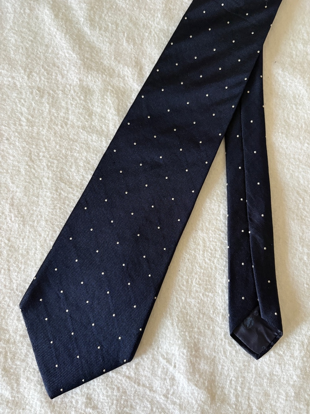 Vintage The Custom Shop Navy Textured White Polka Dot Silk Tie Handmade USA EUC